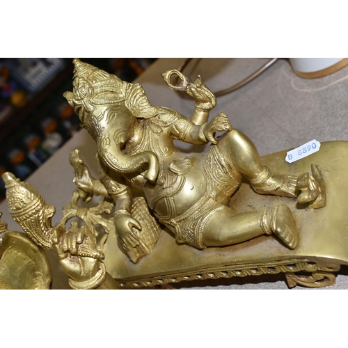 437 - THREE GILT METAL FIGURES OF GANESHA, one seated, and two reclining, height of tallest 22cm (3) (Cond... 