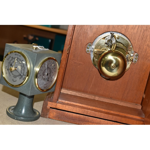 438 - TWO CLOCKS, comprising a stone cased, cube shaped Daymaster clock, with thermometer, barometer and h... 