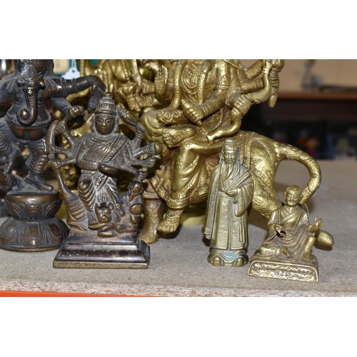 439 - SIX RELIGIOUS FIGURES, comprising a bronze figure (and possibly incense holder?) of the Goddess Durg... 