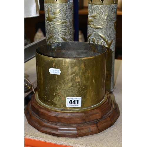 441 - THREE PIECES OF TRENCH ART, comprising a pair of vases decorated with flowers and '1916-1917', heigh... 