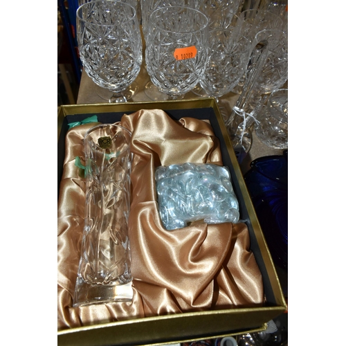 444 - A QUANTITY OF CUT CRYSTAL AND OTHER GLASS WARES, approximately fifty pieces, to include a boxed RCR ... 