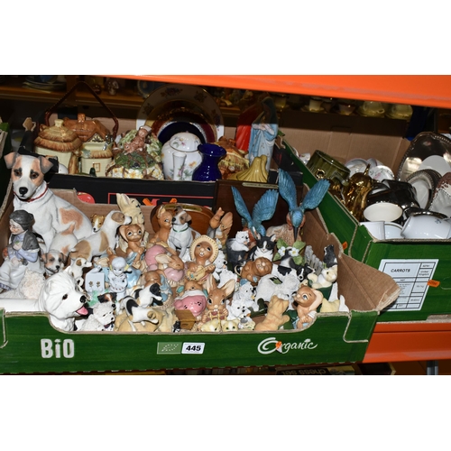 445 - THREE BOXES OF CERAMICS AND ORNAMENTS, to include Pendelfin rabbits: Pieface, two x Totty, Wakey, Do... 