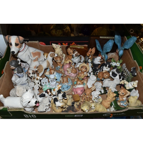 445 - THREE BOXES OF CERAMICS AND ORNAMENTS, to include Pendelfin rabbits: Pieface, two x Totty, Wakey, Do... 