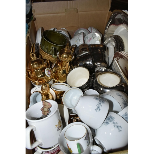 445 - THREE BOXES OF CERAMICS AND ORNAMENTS, to include Pendelfin rabbits: Pieface, two x Totty, Wakey, Do... 