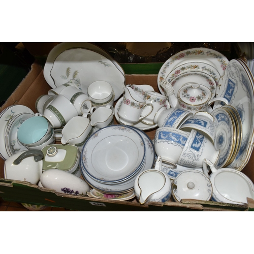 446 - THREE BOXES OF CERAMICS AND GLASS WARES, to include  twenty pieces of Coalport Revelry tea wares, a ... 