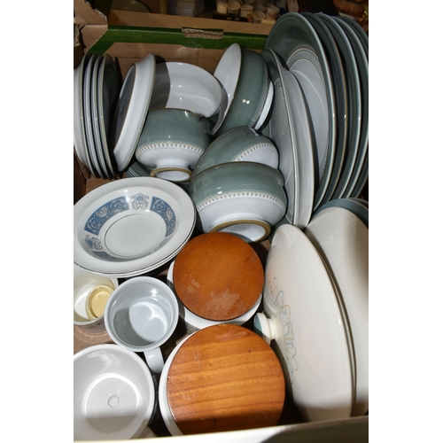 446 - THREE BOXES OF CERAMICS AND GLASS WARES, to include  twenty pieces of Coalport Revelry tea wares, a ... 