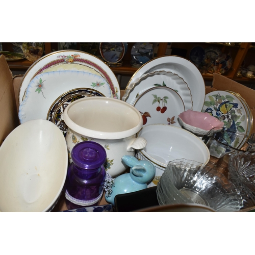 446 - THREE BOXES OF CERAMICS AND GLASS WARES, to include  twenty pieces of Coalport Revelry tea wares, a ... 