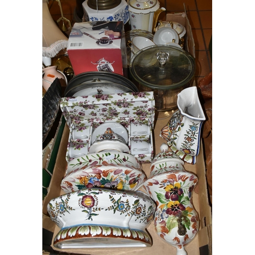 449 - TWO BOXES OF CERAMICS, GLASS WARES AND LAMP, to include an oil lamp with ceramic Willow pattern rese... 