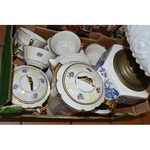 449 - TWO BOXES OF CERAMICS, GLASS WARES AND LAMP, to include an oil lamp with ceramic Willow pattern rese... 