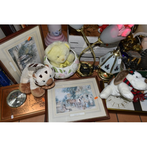 450 - TWO BOXES AND LOOSE METALWARES, LAMPS, SOFT TOYS AND SUNDRY ITEMS, to include brass vases, small tea... 