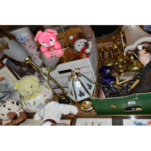 450 - TWO BOXES AND LOOSE METALWARES, LAMPS, SOFT TOYS AND SUNDRY ITEMS, to include brass vases, small tea... 