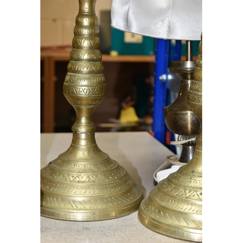 451 - A PAIR OF BRASS CANDLESTICKS, height 48cm , together with a French electric table lamp in the form o... 