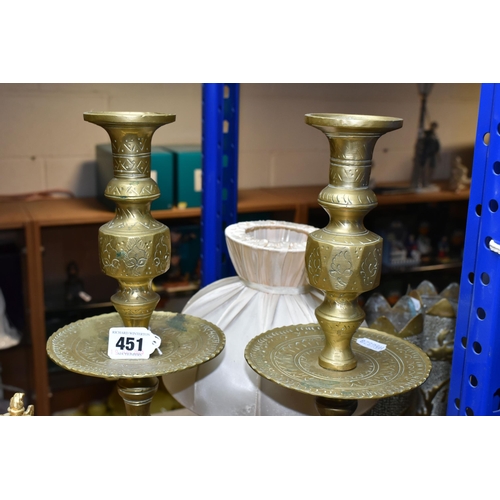 451 - A PAIR OF BRASS CANDLESTICKS, height 48cm , together with a French electric table lamp in the form o... 