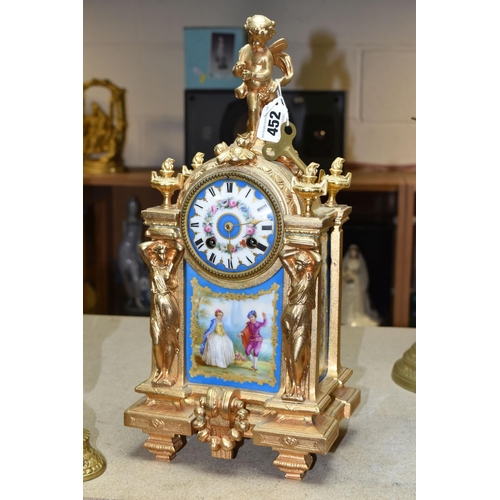 452 - A 19TH CENTURY FRENCH GILT METAL CLOCK, stamped Henry Marc 43501 on mechanism, eight day bell striki... 