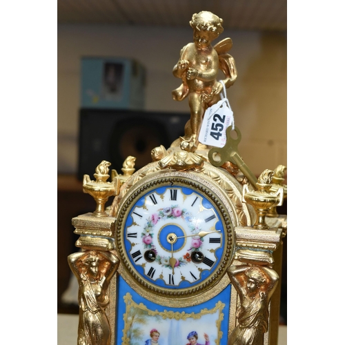 452 - A 19TH CENTURY FRENCH GILT METAL CLOCK, stamped Henry Marc 43501 on mechanism, eight day bell striki... 