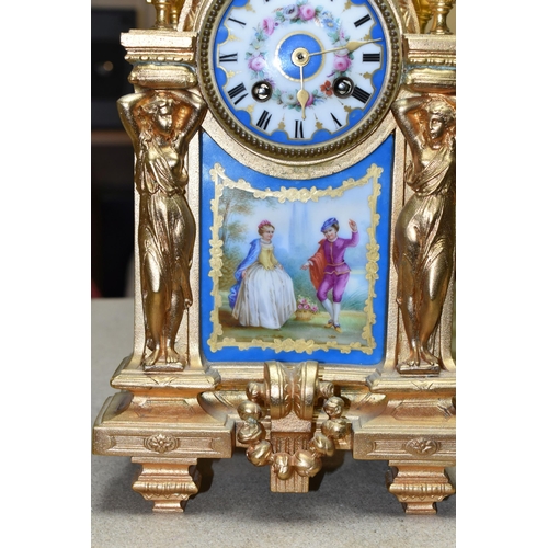 452 - A 19TH CENTURY FRENCH GILT METAL CLOCK, stamped Henry Marc 43501 on mechanism, eight day bell striki... 