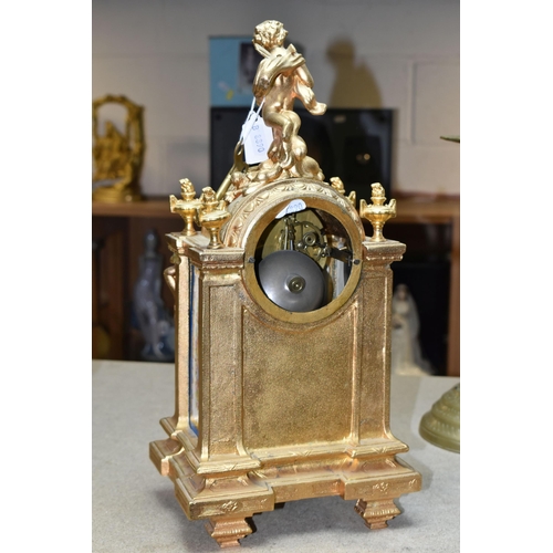 452 - A 19TH CENTURY FRENCH GILT METAL CLOCK, stamped Henry Marc 43501 on mechanism, eight day bell striki... 