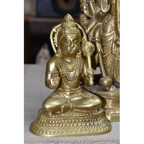 453 - THREE GILT METAL RELIGIOUS HINDU FIGURES, comprising two Lord Hanuman figures, height 17cm, together... 