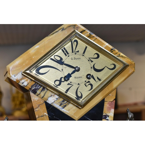 454 - A FRENCH ART DECO MANTEL CLOCK, mustard and black marble, diamond shaped face marked G.Petit- Bezier... 