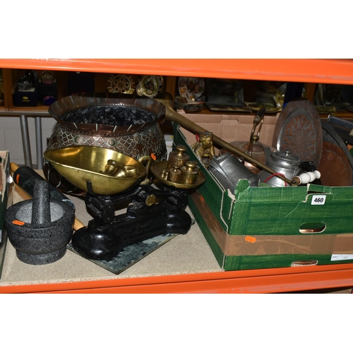 460 - ONE BOX OF METALWARE, to include a large arts and crafts repoussé planter decorated with a scallop d... 