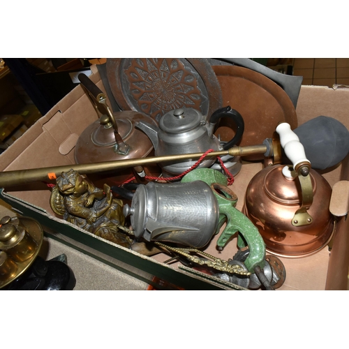 460 - ONE BOX OF METALWARE, to include a large arts and crafts repoussé planter decorated with a scallop d... 