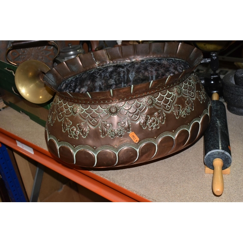 460 - ONE BOX OF METALWARE, to include a large arts and crafts repoussé planter decorated with a scallop d... 