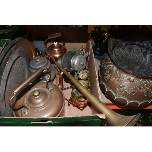 460 - ONE BOX OF METALWARE, to include a large arts and crafts repoussé planter decorated with a scallop d... 