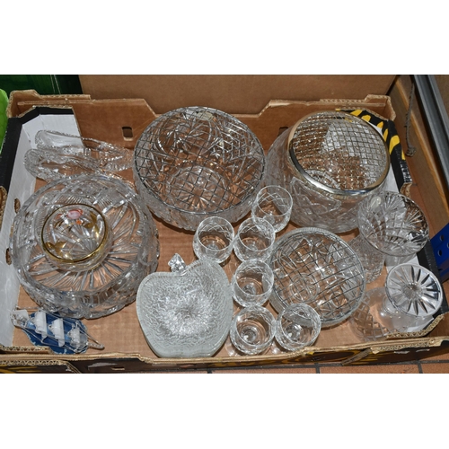 462 - FOUR BOXES OF GLASSWARE, to include three cut glass rose bowls, fruit bowls, a jade coloured dessert... 