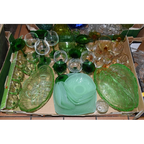 462 - FOUR BOXES OF GLASSWARE, to include three cut glass rose bowls, fruit bowls, a jade coloured dessert... 