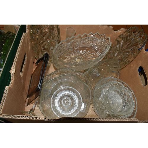 462 - FOUR BOXES OF GLASSWARE, to include three cut glass rose bowls, fruit bowls, a jade coloured dessert... 