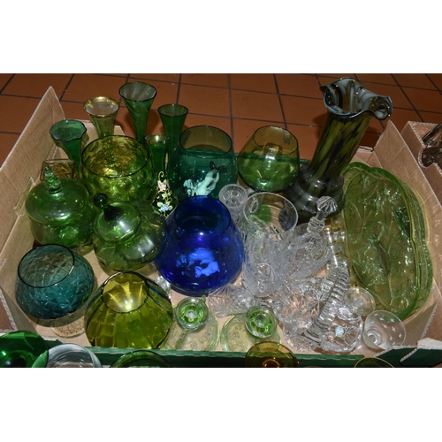 462 - FOUR BOXES OF GLASSWARE, to include three cut glass rose bowls, fruit bowls, a jade coloured dessert... 