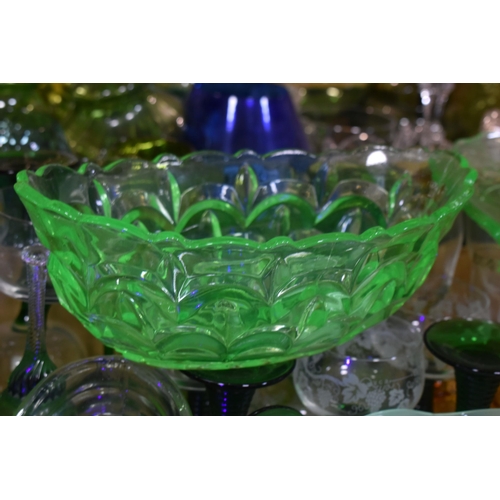 462 - FOUR BOXES OF GLASSWARE, to include three cut glass rose bowls, fruit bowls, a jade coloured dessert... 