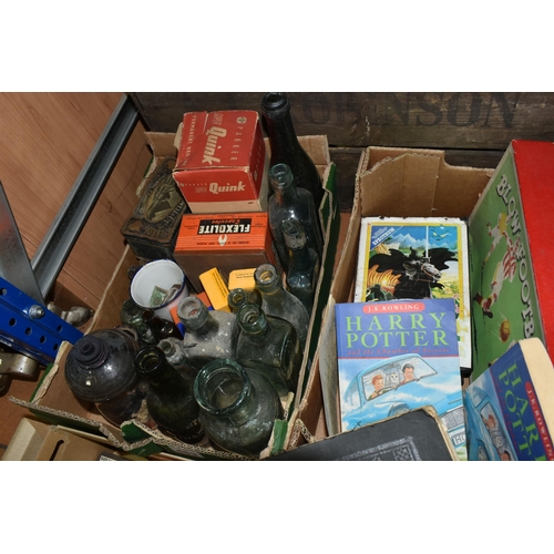 463 - FOUR BOXES OF COLLECTABLE VINTAGE TINS, BOTTLES AND MISCELLANEOUS ITEMS, to include four 1920-1930's... 