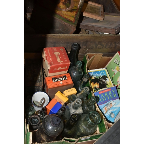 463 - FOUR BOXES OF COLLECTABLE VINTAGE TINS, BOTTLES AND MISCELLANEOUS ITEMS, to include four 1920-1930's... 