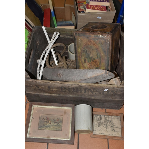 463 - FOUR BOXES OF COLLECTABLE VINTAGE TINS, BOTTLES AND MISCELLANEOUS ITEMS, to include four 1920-1930's... 