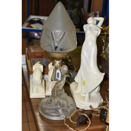 465 - A GROUP OF ART DECO ORNAMENTS, comprising a Walther & Sohne style frosted white glass table lamp wit... 