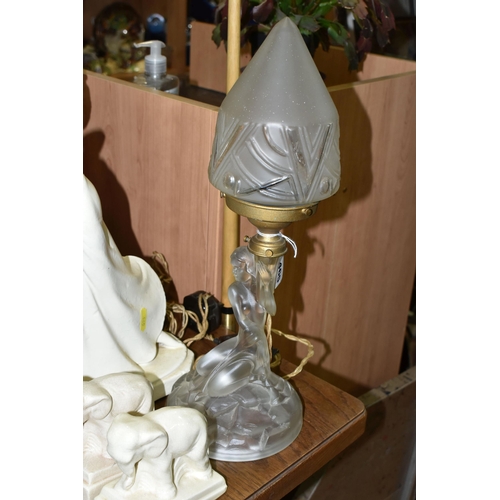 465 - A GROUP OF ART DECO ORNAMENTS, comprising a Walther & Sohne style frosted white glass table lamp wit... 