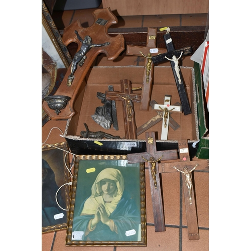 469 - ONE BOX OF RELIGIOUS CRUCIFIXES, to include an assortment of wooden and metal crucifixes and three g... 