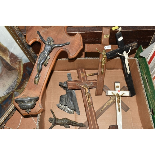 469 - ONE BOX OF RELIGIOUS CRUCIFIXES, to include an assortment of wooden and metal crucifixes and three g... 