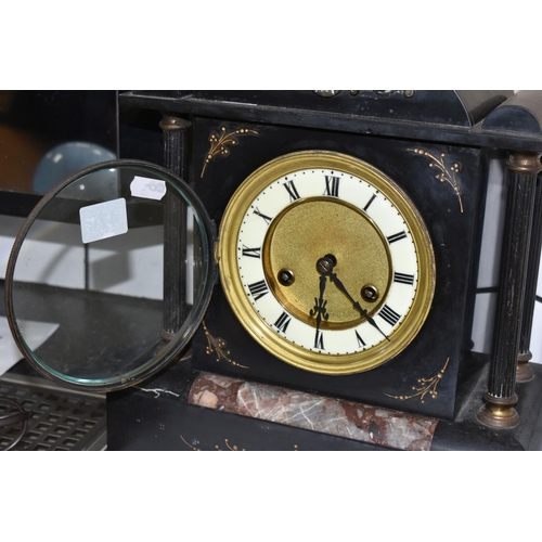 470 - A 19TH CENTURY BLACK SLATE MANTEL CLOCK, eight day movement, Roman numerals, Junghans mechanism, wit... 