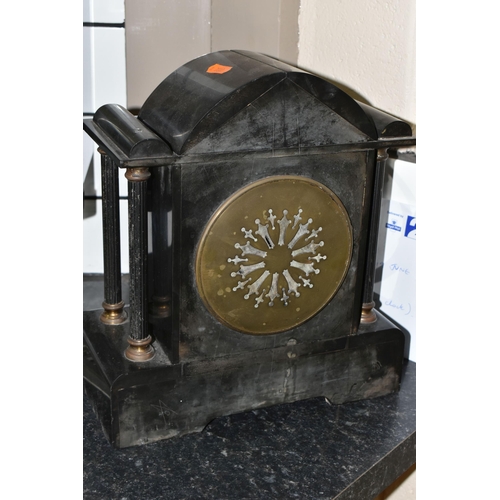 470 - A 19TH CENTURY BLACK SLATE MANTEL CLOCK, eight day movement, Roman numerals, Junghans mechanism, wit... 