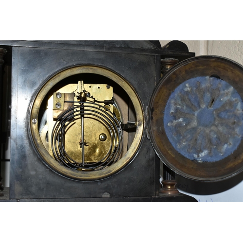 470 - A 19TH CENTURY BLACK SLATE MANTEL CLOCK, eight day movement, Roman numerals, Junghans mechanism, wit... 