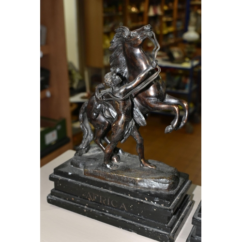 475 - A PAIR OF SPELTER 'MARLEY HORSES' FIGURES, on black slate plinths (2) (Condition report: one figure ... 