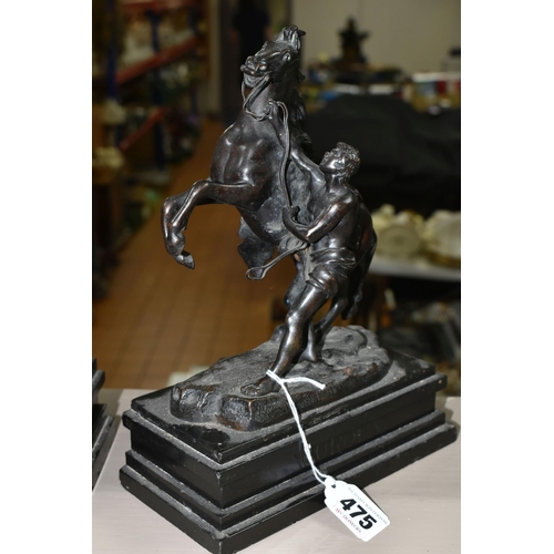 475 - A PAIR OF SPELTER 'MARLEY HORSES' FIGURES, on black slate plinths (2) (Condition report: one figure ... 