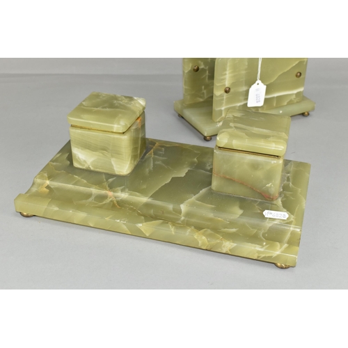 478 - A GREEN ONYX DESK TOP INK STAND AND MATCHING LETTER RACK, ink stand length 30cm (2) (Condition repor... 