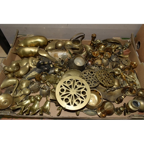 491 - FOUR BOXES OF BRASSWARES, to include four planters, largest diameter 19cm, vases, candlesticks and a... 