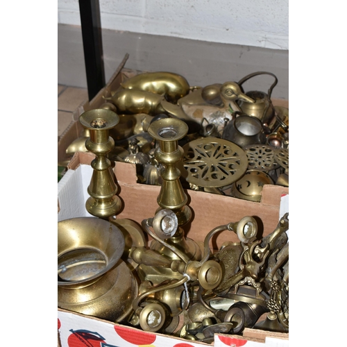 491 - FOUR BOXES OF BRASSWARES, to include four planters, largest diameter 19cm, vases, candlesticks and a... 