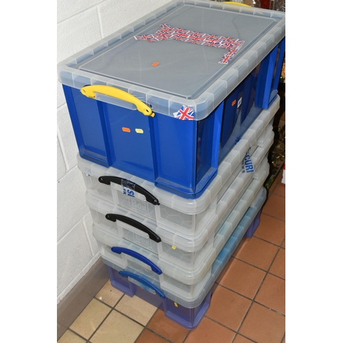 492 - FIVE 'THE REALLY USEFUL BOX' BOXES, with lids, comprising a blue 64 litre box (lid broken, rim appea... 