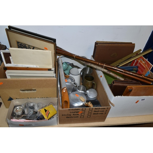 494 - FOUR BOXES AND LOOSE MUSICAL INTEREST, METALWARES, PICTURES, WALKING STICKS AND SUNDRY ITEMS, to inc... 