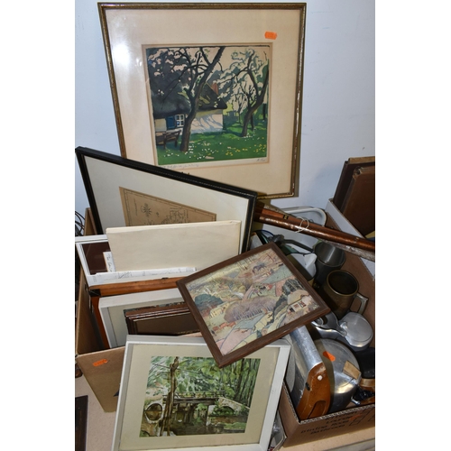 494 - FOUR BOXES AND LOOSE MUSICAL INTEREST, METALWARES, PICTURES, WALKING STICKS AND SUNDRY ITEMS, to inc... 